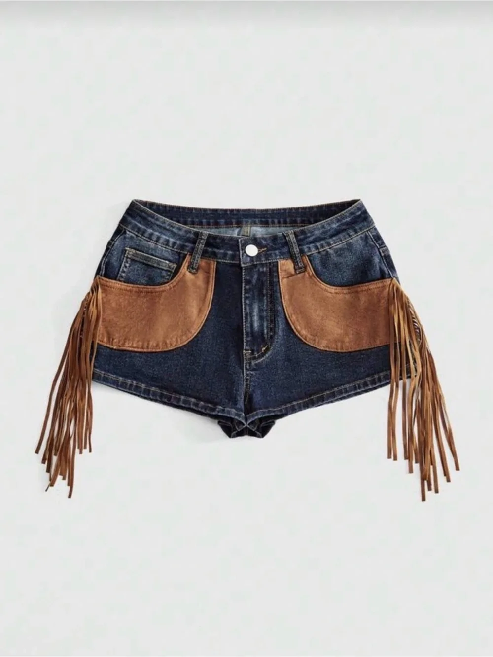 Dark Blue Stretch Denim Fringe Shorts with Brown Suede Pockets